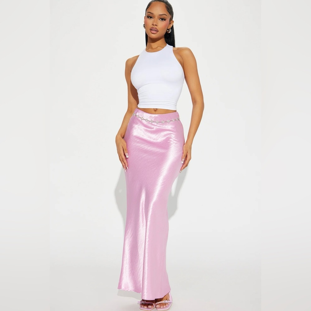 Pink satin maxi skirt